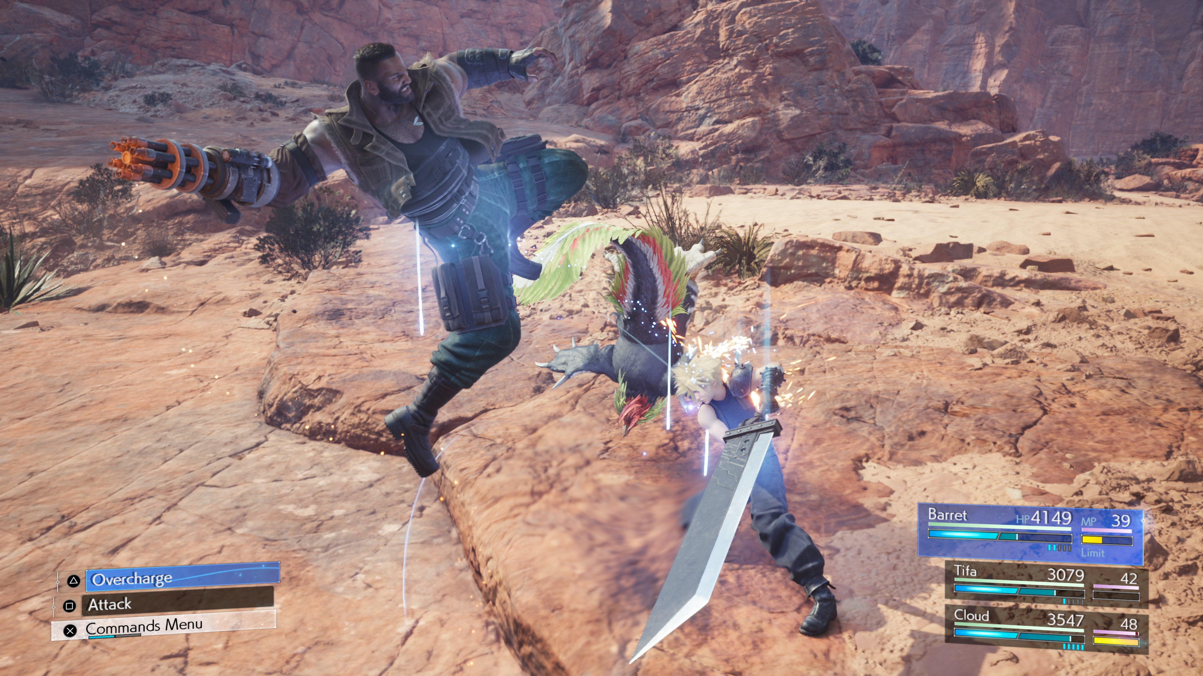 Barret and Cloud battle a Skeeskee in a desert area in a gameplay screenshot from Final Fantasy 7 Rebirth