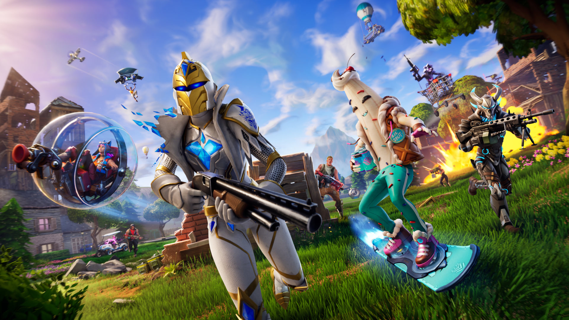 Artwork for Fortnite OG, featuring a variety of characters running or rolling toward the camera
