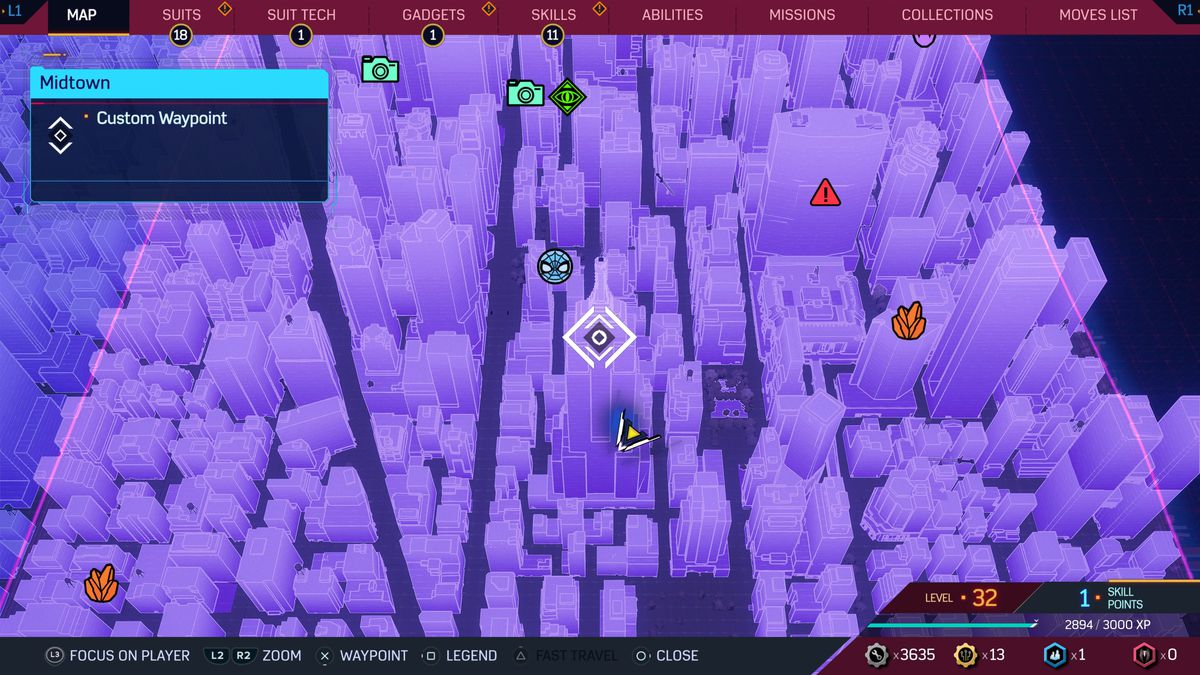 A map of New York in Spider-Man 2, showing where to find Spider-Bots