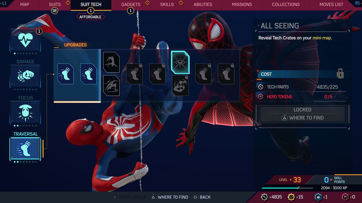 A look at the Suit Tech menu in Spider-Man 2