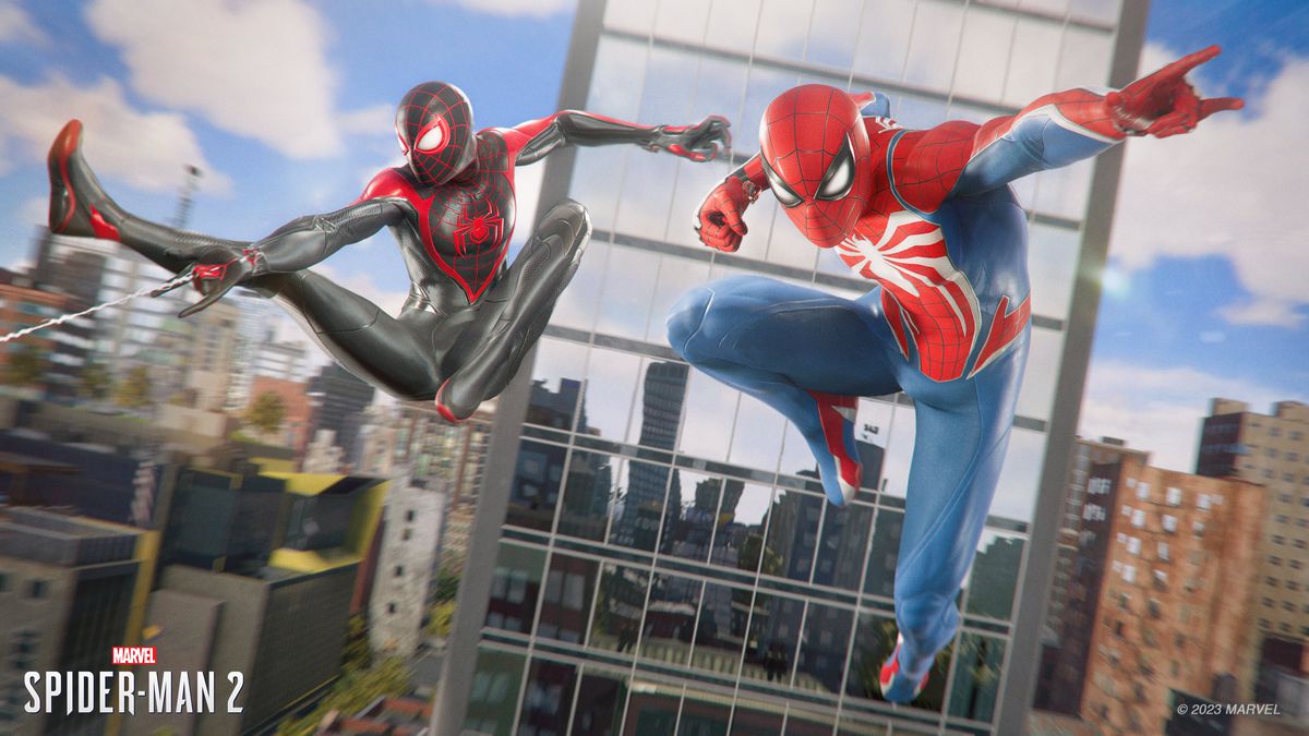 Miles Morales and Peter Park do some Spidey moves mid-air in Spider-Man 2
